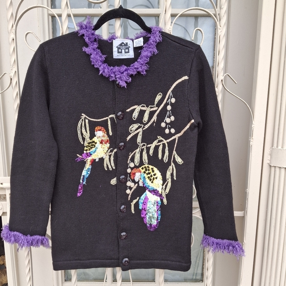 Storybook Knit Black Embellished Cardigan Sweater "Parrot Fancy"  Women Size XS - Picture 6 of 14